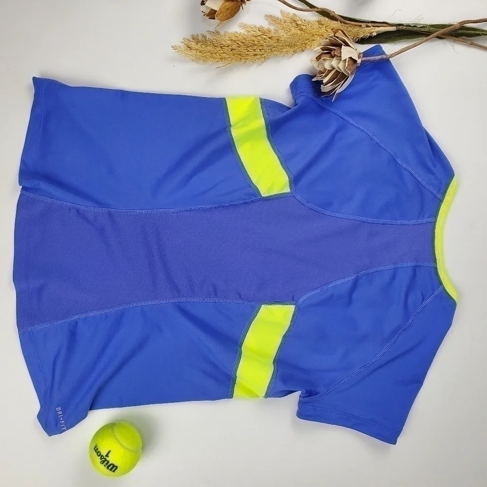 NIKE Tennis Dry Fit Top, Blue Neon Green Shirt  Lg